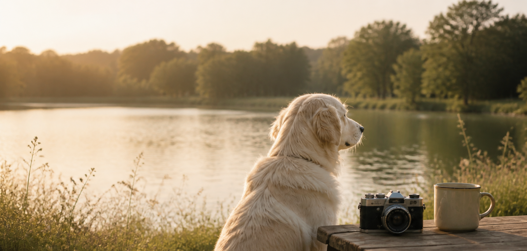 湖畔夕阳下,一只金毛犬与相机和杯子
